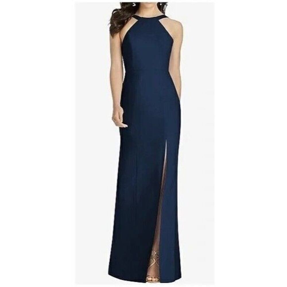NWT Dessy Collection High Halter Neck Open Back Crepe Gown 16 Midnight Blue